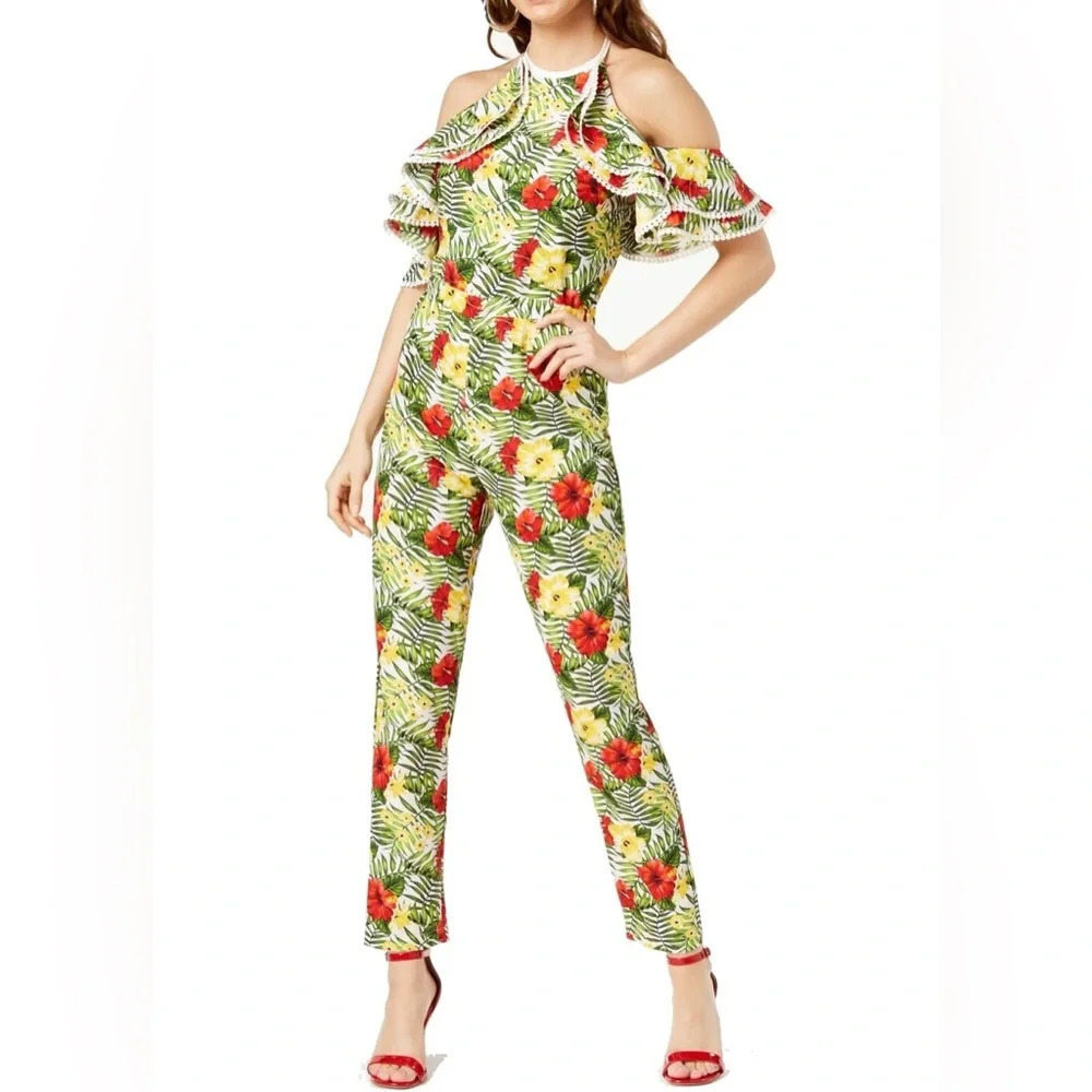 XOXO NEW GREEN YELLOW COLD-SHOULDER HALTER LACE-DOT JUMPSUIT